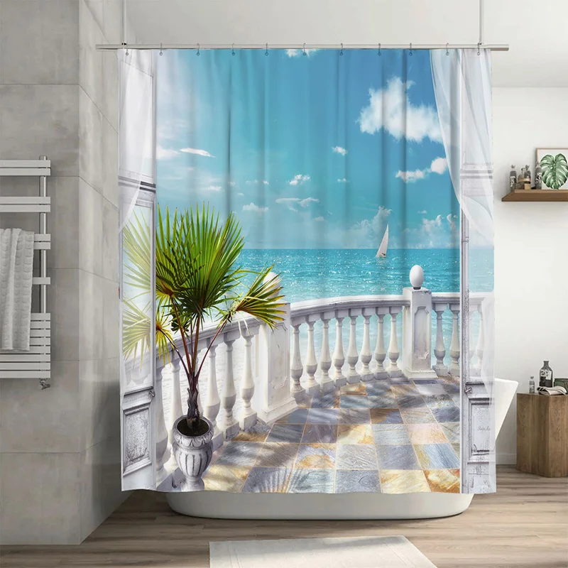 

Summer Seaside Patio Shower Curtain 3D Printed Outdoor Balcony Waterproof Fabric Decor for Bathroom Custom Size Available