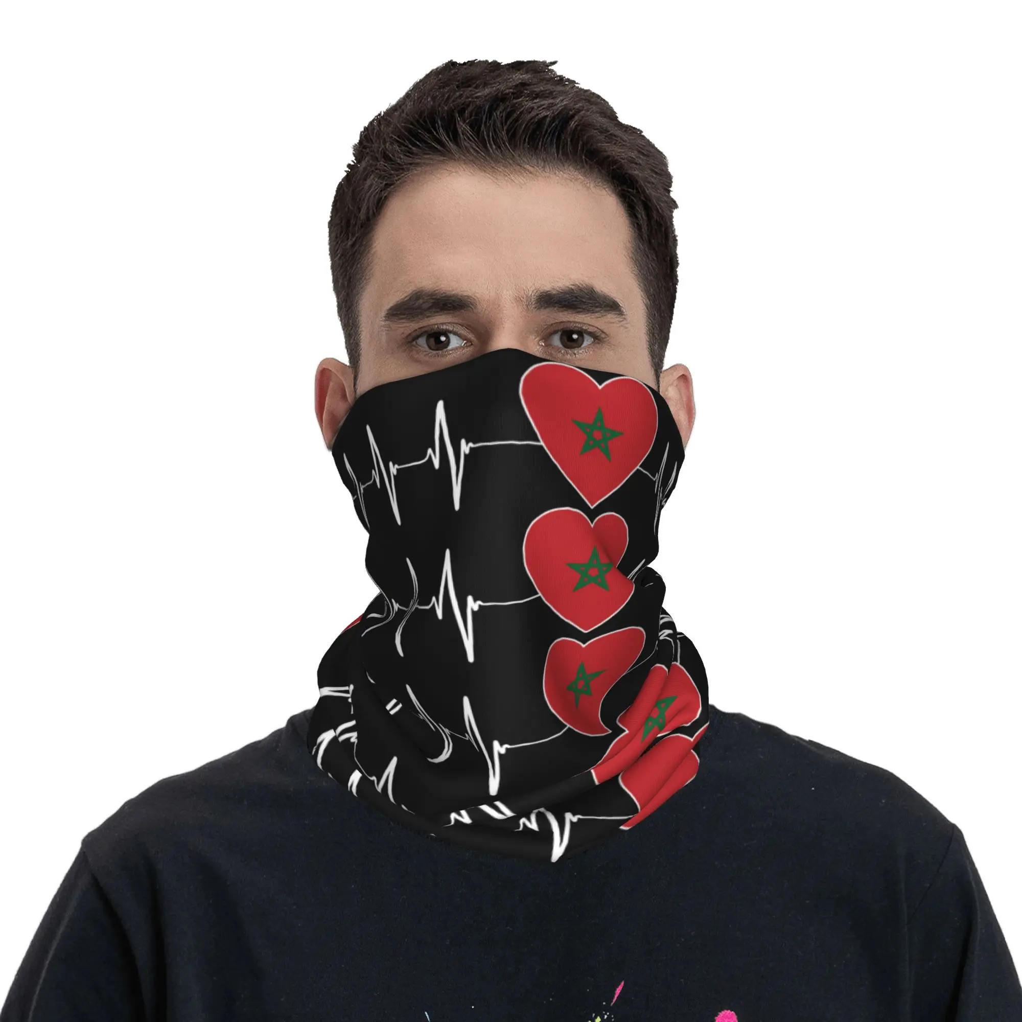 Heartbeat Morocco Country Flag Bandana Winter Neck Windproof Wrap Face Scarf for Hiking Moroccan Heart Family Gaiter Headband