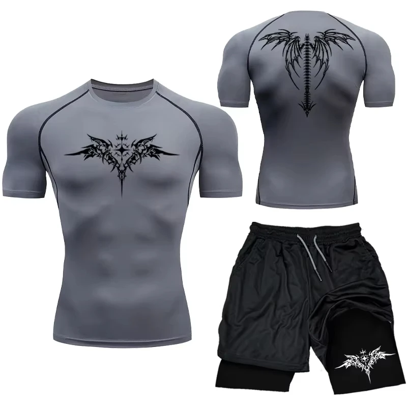 New Men's MMA Compression Athletic Set - Quick-Dry Gym Shorts + Running Workout Tight Rashguard 2-Piece Set RL0513 view 4