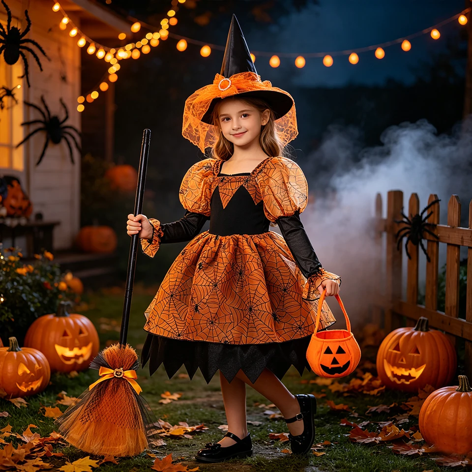 Kids Spider Web Tulle Witch Dress for Girls Halloween Cosplay Pumpkin Witch Performance Masquerade Carnival Children's Costume