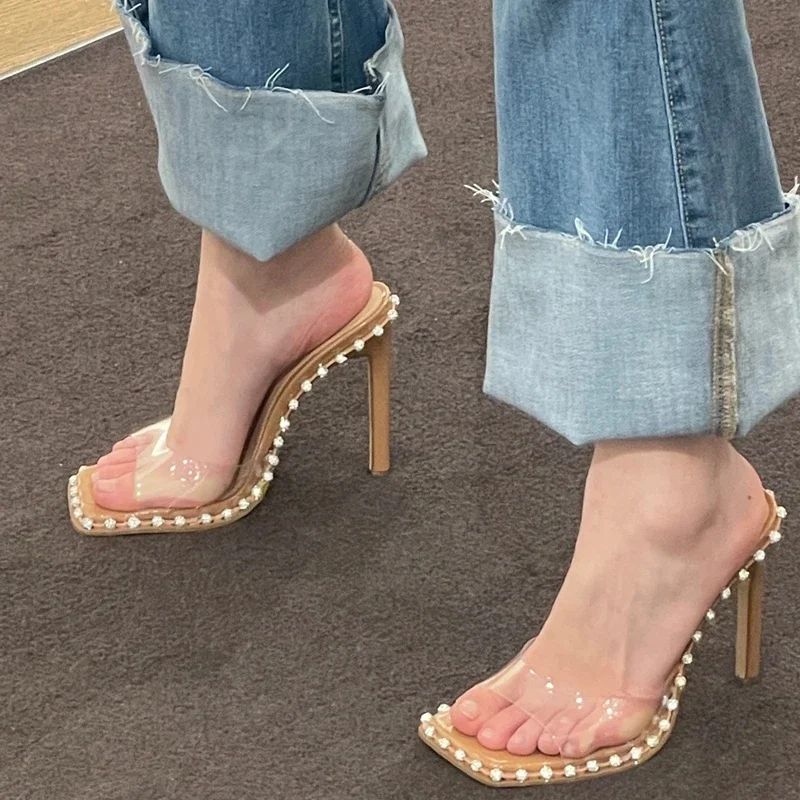 

Summer Women Pumps Transparent PVC High-heel Slipper Fashion Square Headed Design Slippers Luxury Rhinestone High-heeled Sandals