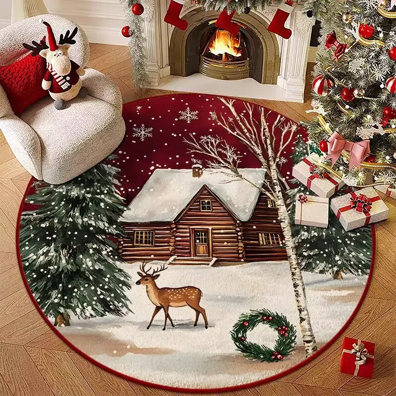 Christmas Winter Forest Round Rug – Snowy Cabin & Reindeer Design Dark Red Festive Wreath Carpet for Living Room Home Decor