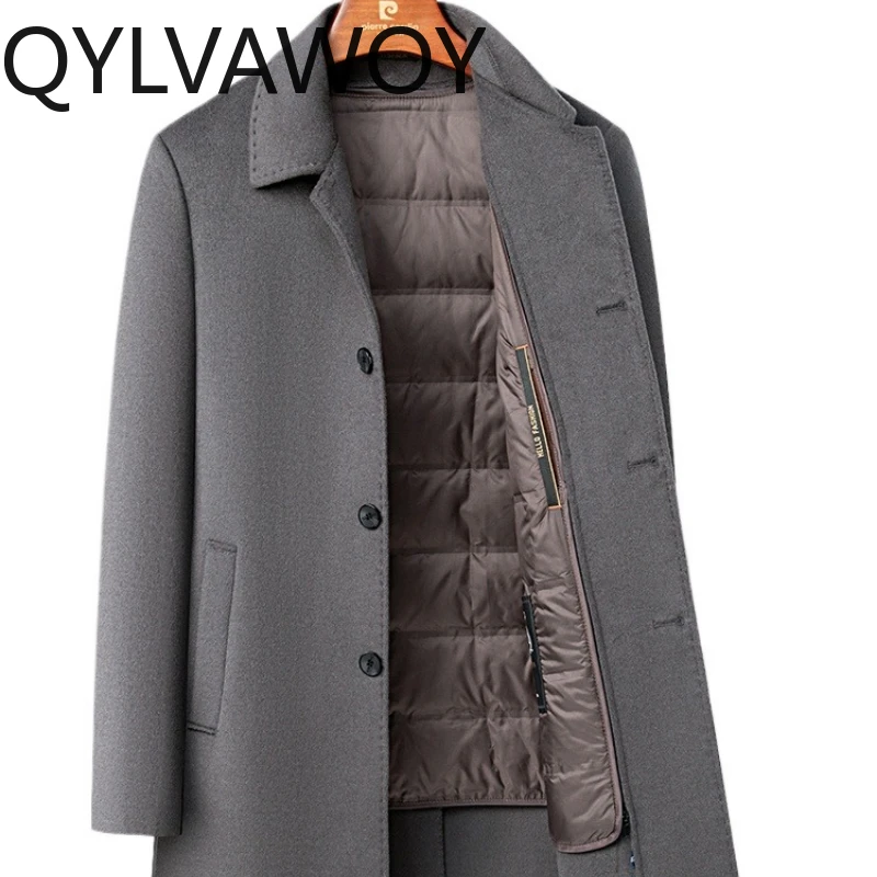 

QYLVAWOY Новый зимний мужской плащ средней длины, шерстяная верхняя одежда с утолщенной пуховой подкладкой, теплая стильная высококачественная куртка LJ2757