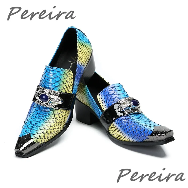 

Blue Mixed Colors Serpentine Loafers Metal Pointy Toe High Heel Cowhide Business Dress Shoes Luxury Banquet Party Prom Men Shoes