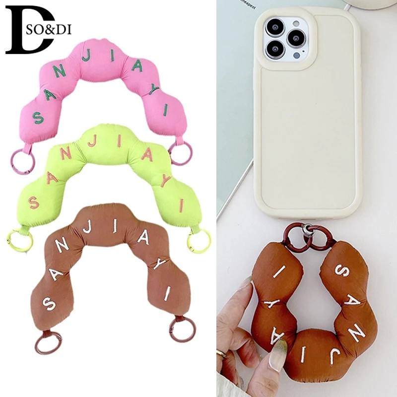 Simple Letter Cotton Filling Mobile Phone Lanyard Wristband Strap Double Buckle Phone Case Anti-Lost Hanging Ring Bag Pendant