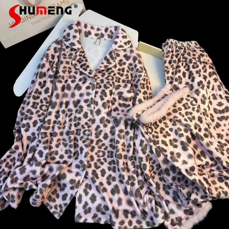 

Velvet New Sweet Pajamas for Women Autumn Winter Outerwear Homewear Set Female Warm Elegant Leopard Print Loungewear Suits