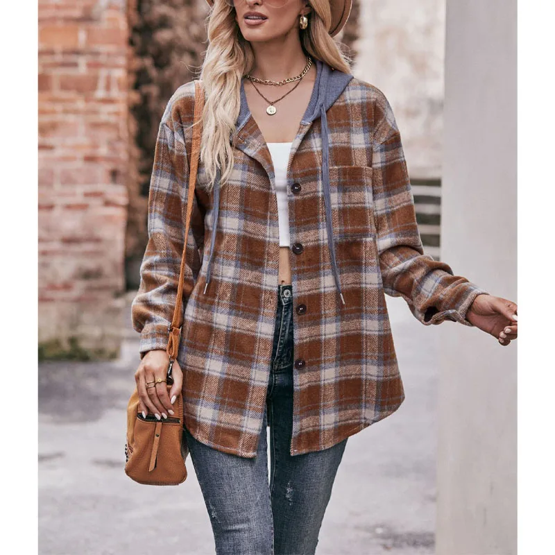 2023 New Autumn and Winter Trend Casual Simple Hooded Button Plaid Fashion Jacket Temperament Loose Commuting Women\'s Shirt