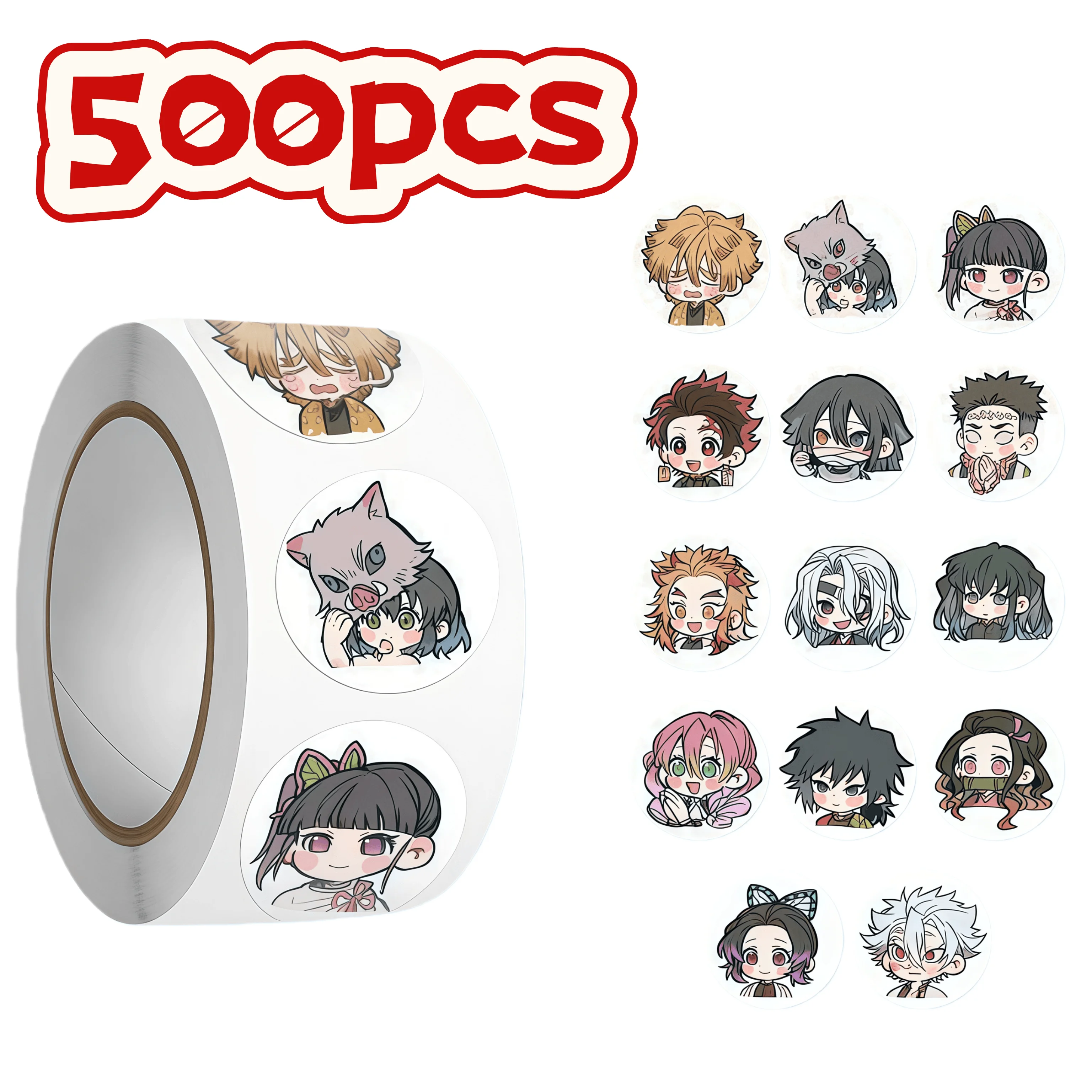 500Pcs Demon Slayer Chibi Character Sticker Roll, Cute Multi-Character Anime Decals for DIY, Planner & Gift Decor