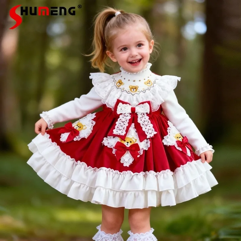 

Милое платье в стиле Лолита для девочек, с кружевом, оборками, бантом и пышными рукавами, детское платье без рукавов для дня рождения, праздничное платье принцессы