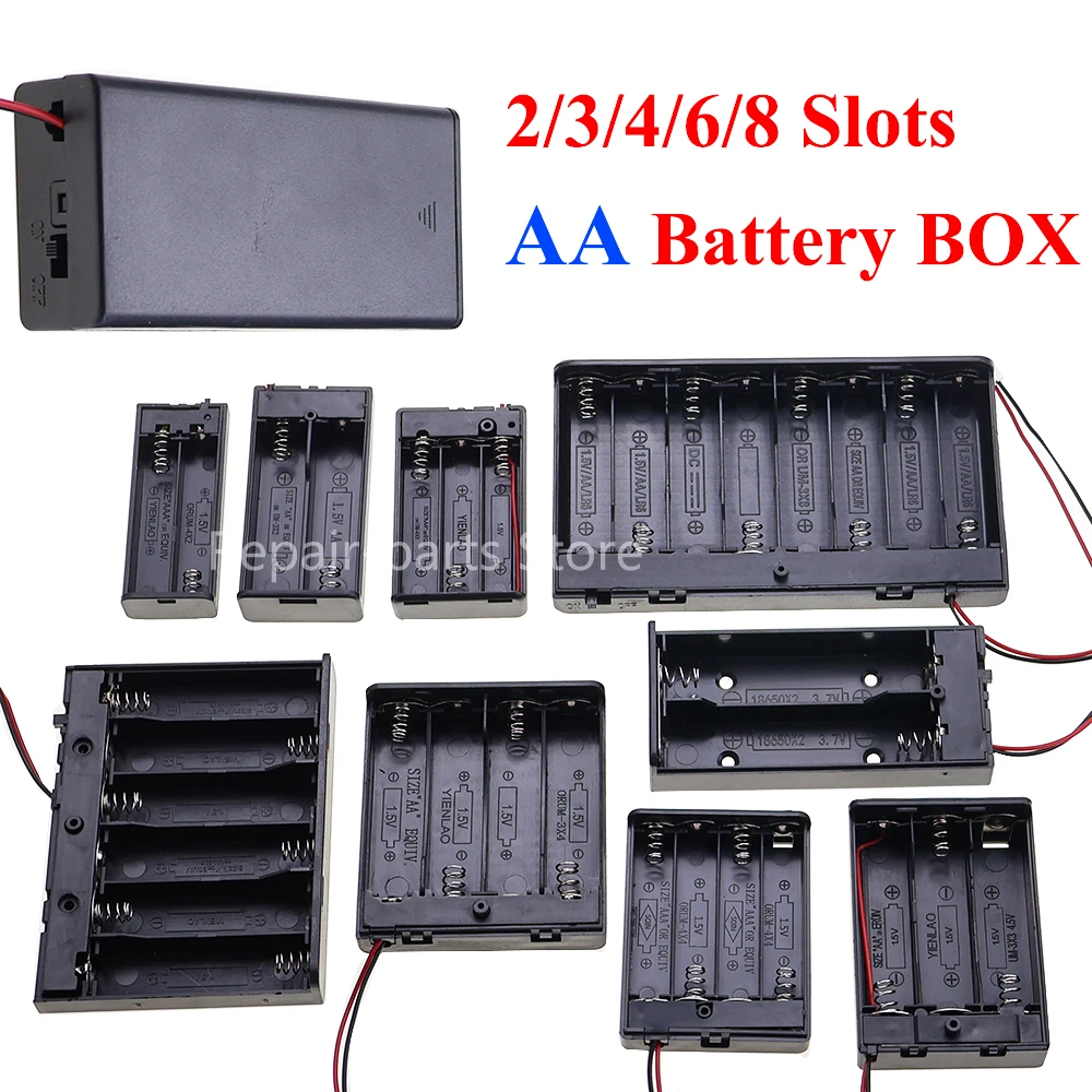 AA Battery Holder Box 2/3/4/6/8 Slots Battery Storage Case With Switch & Cover & PH2.0 XH2.54 DC5.5X2.1 USB2.0 DuPont Terminal