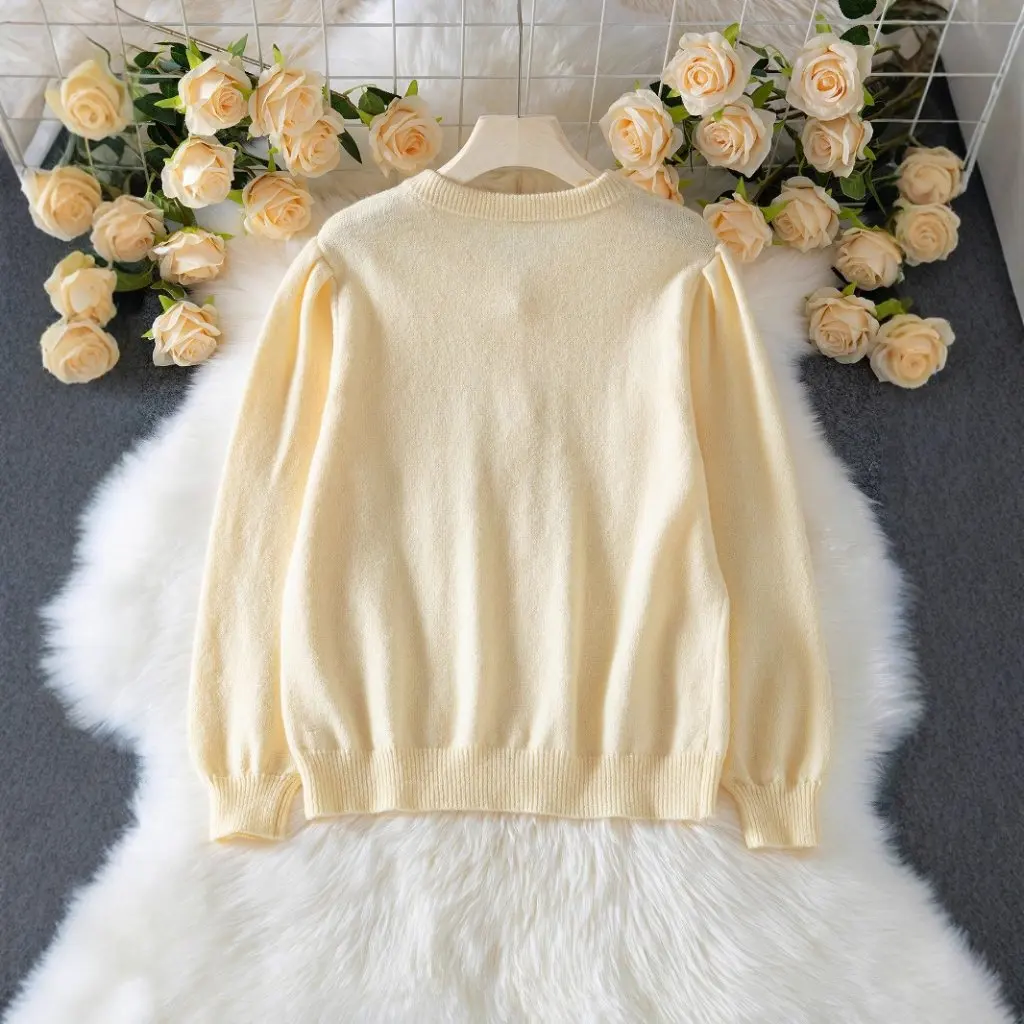 

Women's Elegant Pure Color Knitted Cardigan Crochet Cut out Long-Sleeved Single-Breasted Sweater Jacket for Autumn Winter
