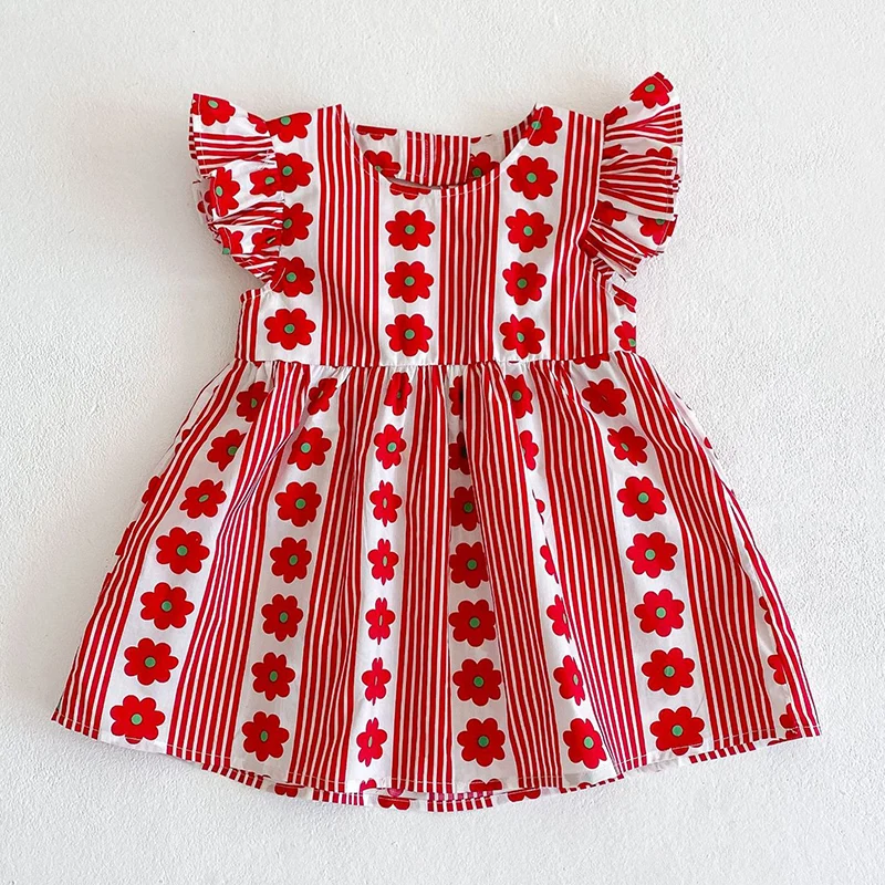 

New Baby Girls Dress Flying Sleeve Ruffles Clothes Cotton Backless Infant Princess Dress Girls Striped Red flowers Party Dresses