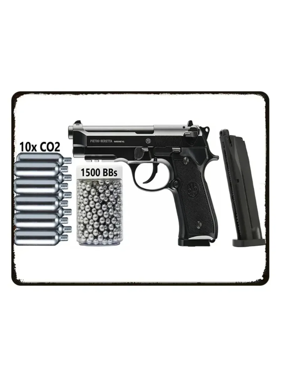 1 Stück Vintage 2D Flaches Lustiges Spielzeugpistolen-Metallschild Retro Rustikale Beretta Pistole CO2 BBs Schießende Blechschilder Wandkunst Dekoration für Zuhause