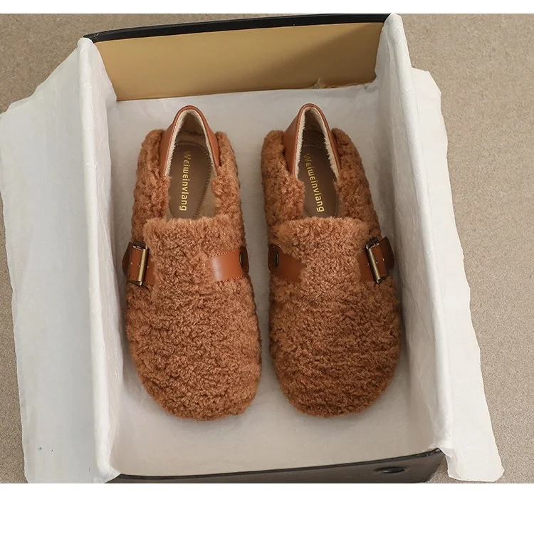 Woman Fashion Lamb Wool Plus Warm Flat Shoes Round Toe Shallow Mouth Single Shoes 2025 Autumn Female Casual Cotton Flat Loafers