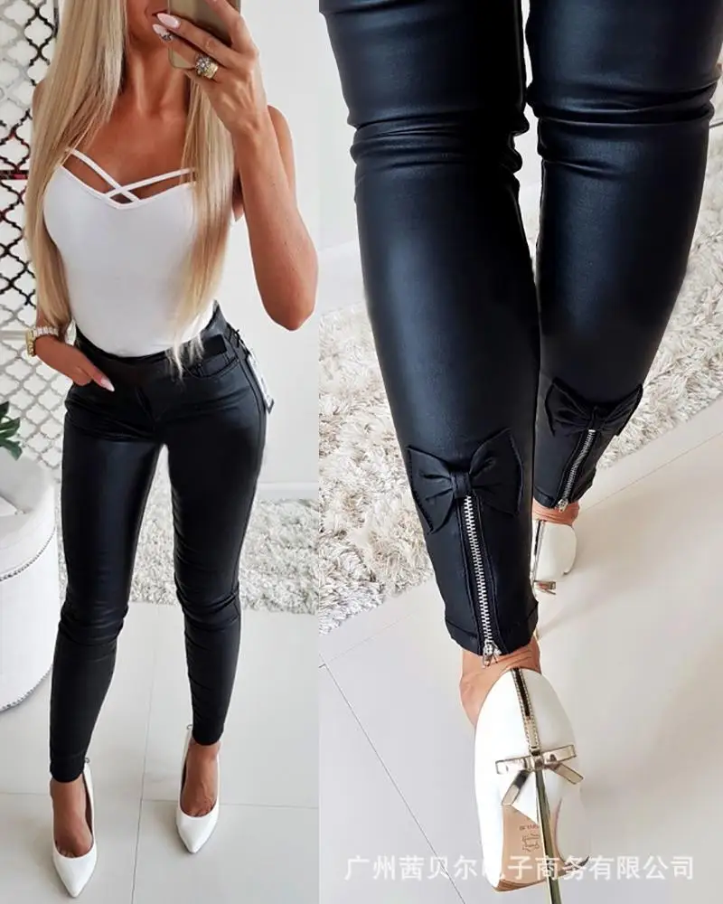 New Leather Tights Women Tight Butterfly Zipper Design PU Pencil Pants Women