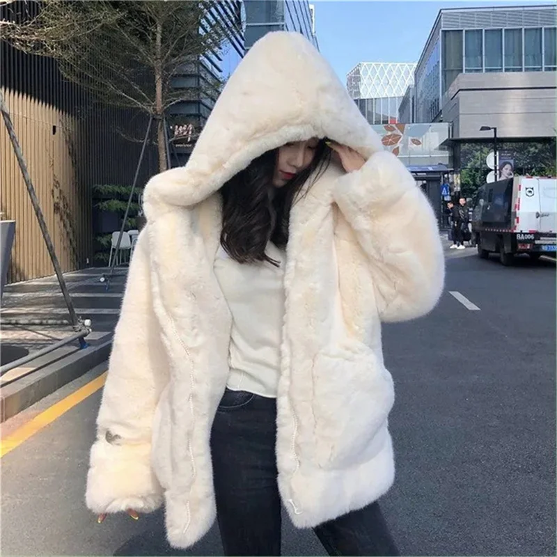 Autumn And Winter Lamb Plush Imitation Mink Rex Rabbit Fur Coat Women Hooded Jacket High Quality Quilted Thick Furry Coat Female