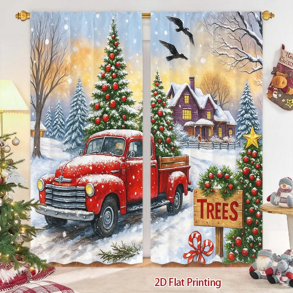 2Pcs christmas curtain Snowy Winter Village Scene with Red Pickup Truck and Trees, Festive Holiday Decor, Vivid Digital Printing