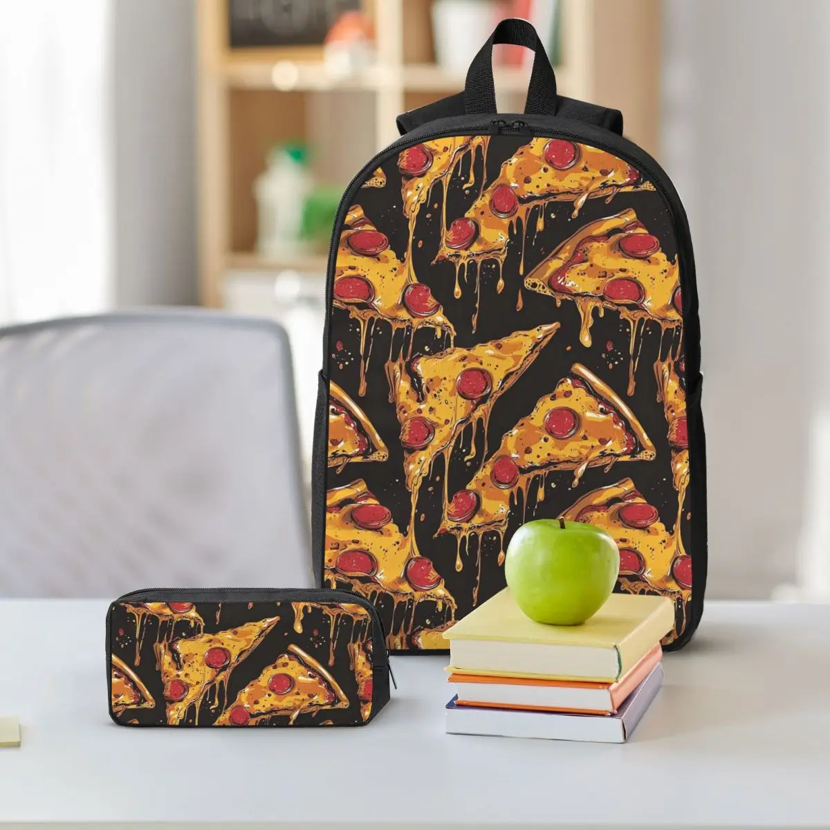 Cartoon Pizza And Cheese Pattern Backpack Student BookBag School Bag Shoulder Bags 3ps Insulated Lunch Bag Pencil Case