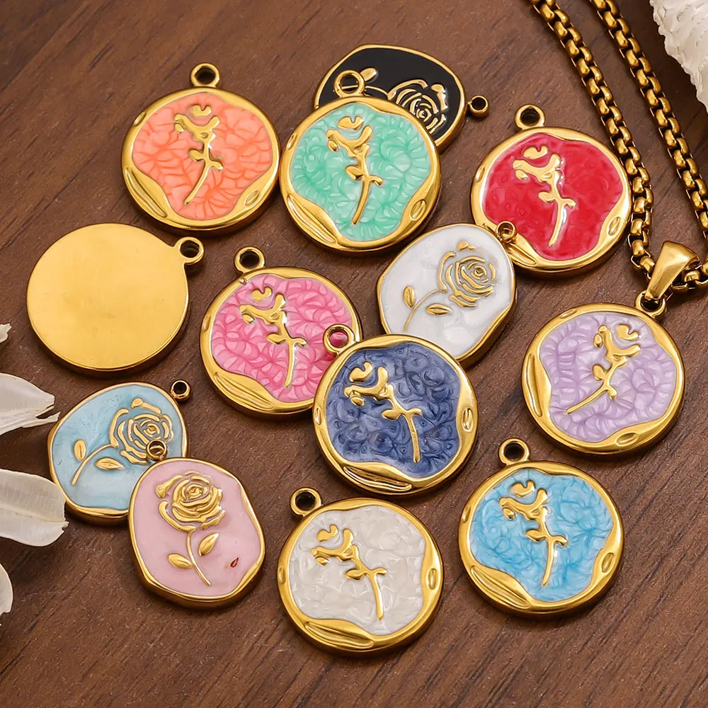 

5pcs Stainless Steel Charm Gold Plated Multi-colour Enamel Rose Round Pendant Base for DIY Earring Necklace Jewelry Findings