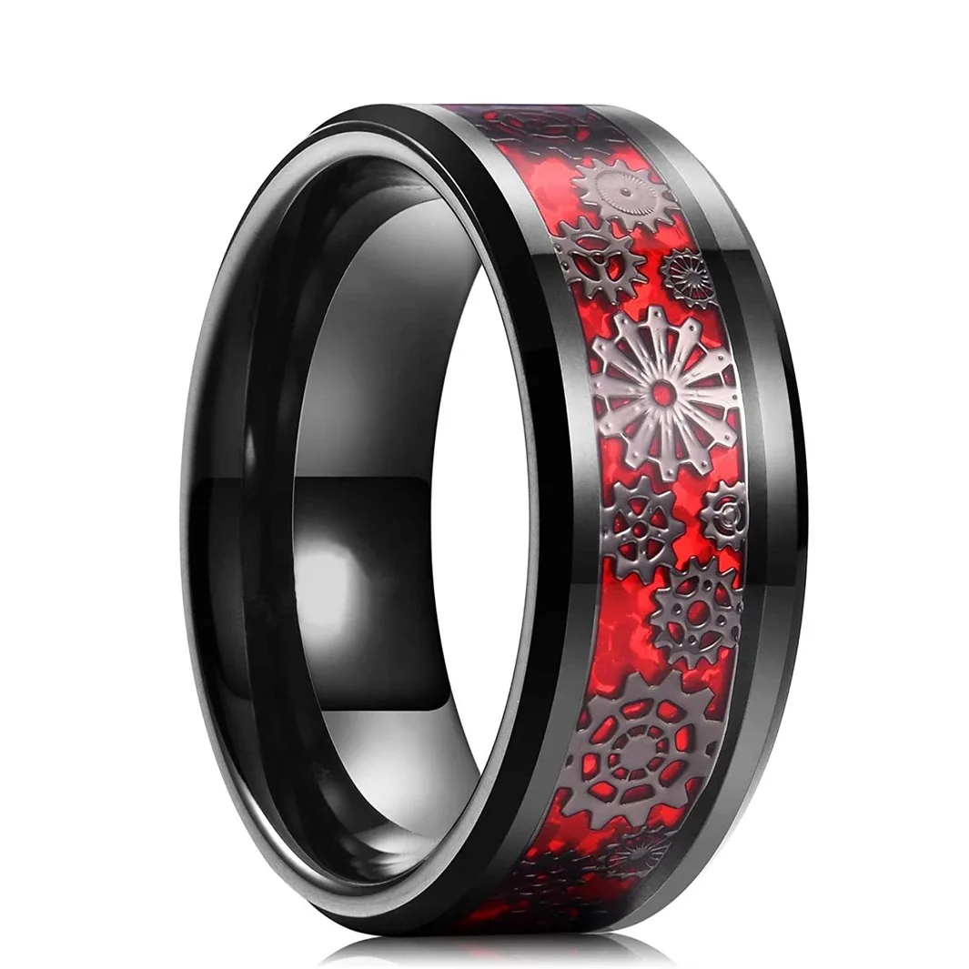 

Fashion Steampunk Men Stainless Steel Gear Wheel Rings Inlay Red Carbon Fiber Rings For Men Punk Wedding Jewelry Drop shipping