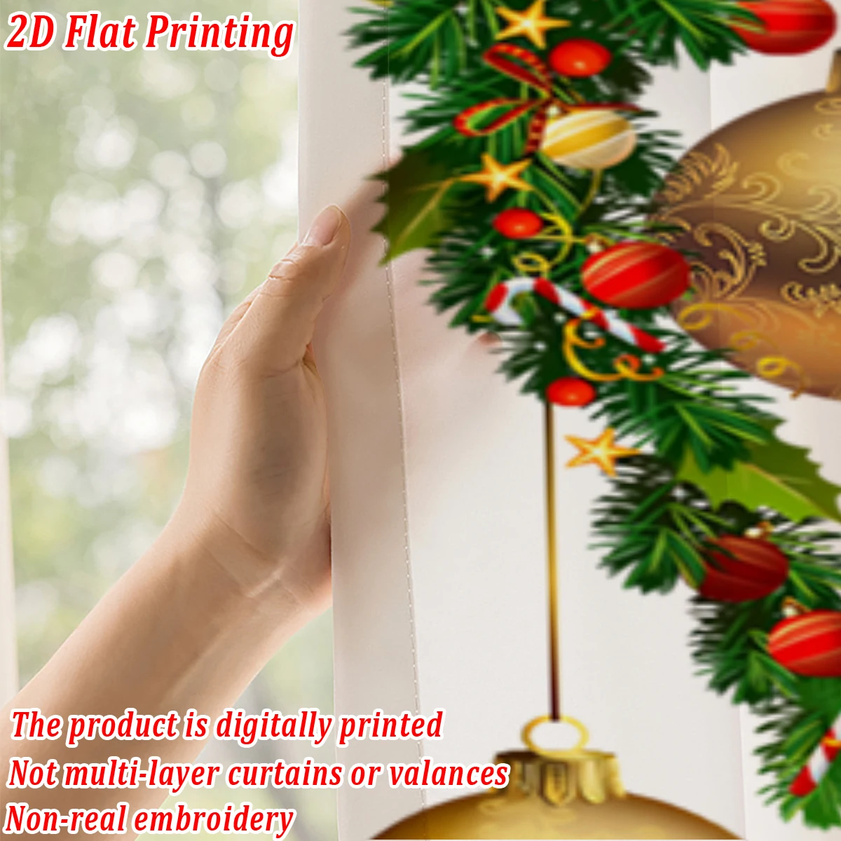 ستارة شفافة للمطبخ بطباعة مسطحة لعيد الميلاد مع زينة فرع كرة الصنوبر لعيد الميلاد وحفلات ديكور المنزل