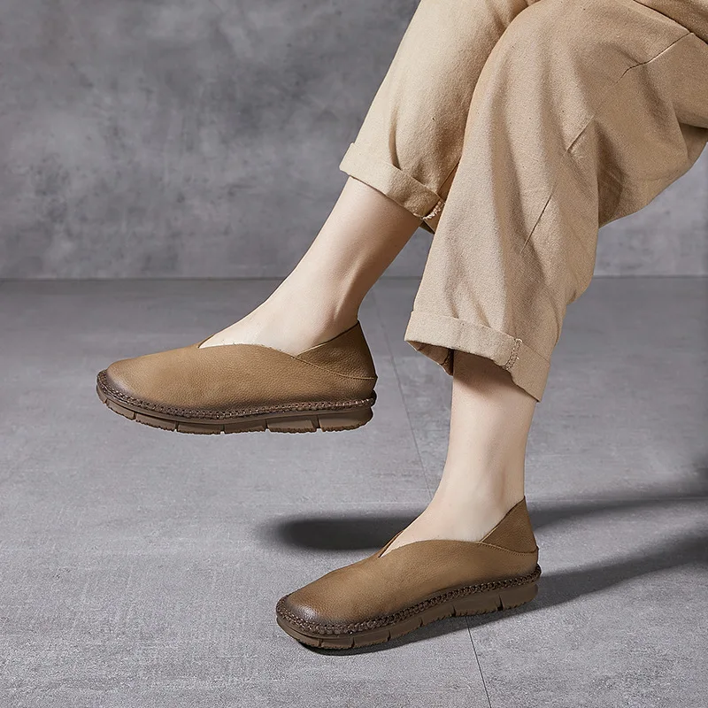 Nowa prawdziwa miękka skóra damska buty wsuwane pojedyncza płaska skóra bydlęca w ręcznie robione buty Retro