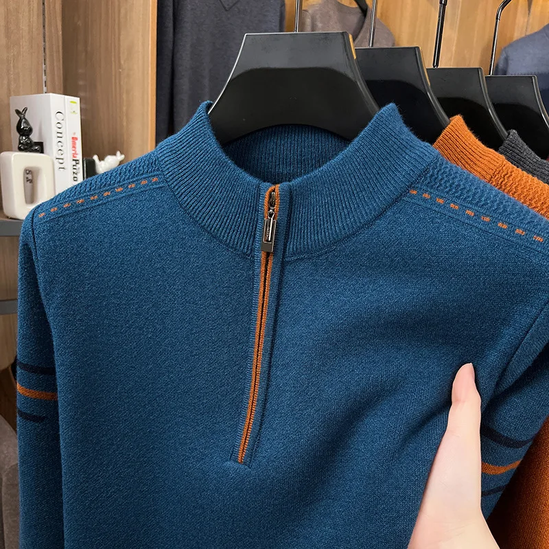 2025 inverno nuova manica lunga ispessita mezza cerniera maglione lavorato a maglia da uomo moda casual caldo maglione da uomo di mezza età