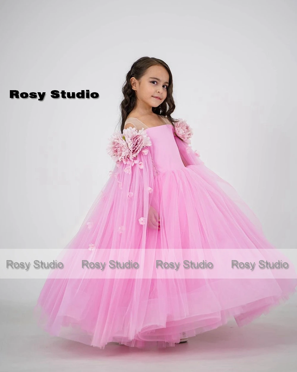 Princess Pink Girl's Party Dresses Puffy Flower Girl Pageant Dress Floor Length Tulle A-line Floral Prom Gowns