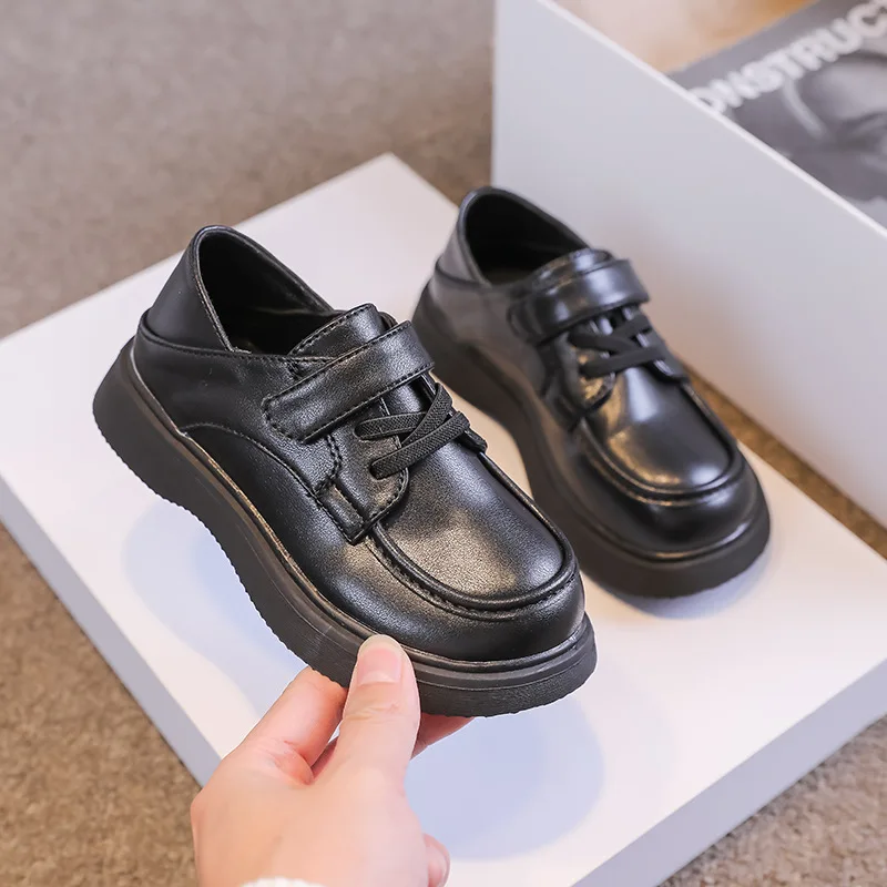 Children Little PU Black Shoes 2022 Spring New Britain Style Retro Loafers Japanese Lace-up School Shoes for Girls and Boys Flat