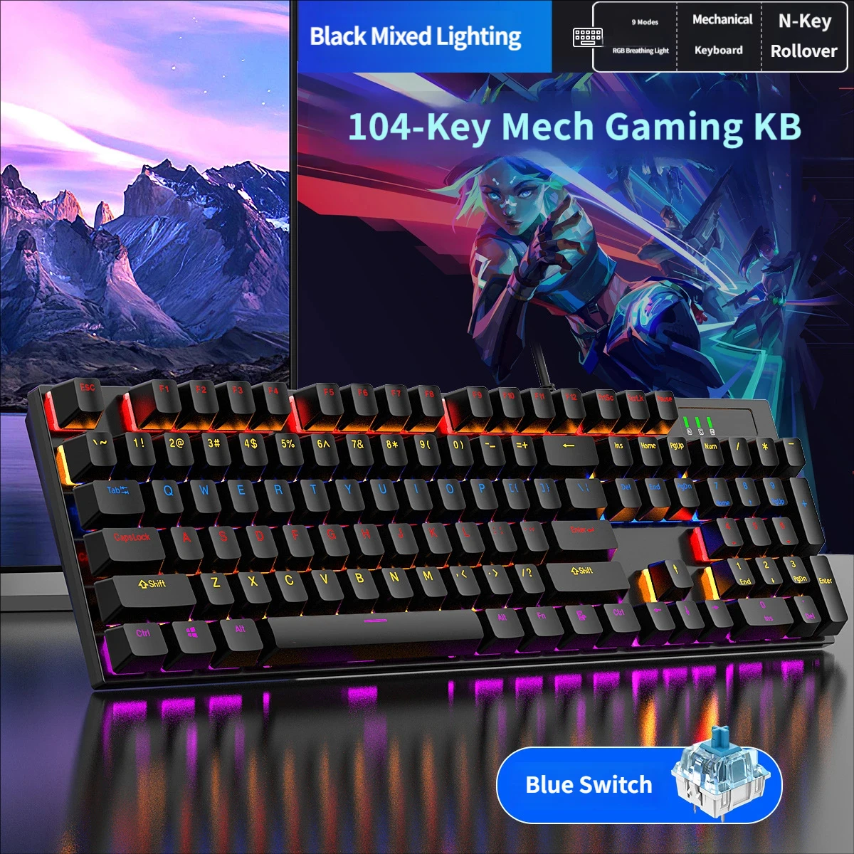 Wired mechanical keyboard with dust and water resistance, 104-key gaming metal keyboard and mouse combo, PC peripherals