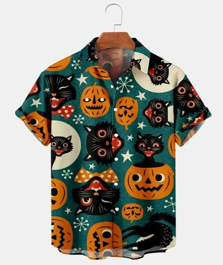 

Chemise homme tendance 2024，Men's Shirt Cat Pumpkin Halloween Print Hawaiian Short Sleeve Shirt Fashion Design ropa hombre