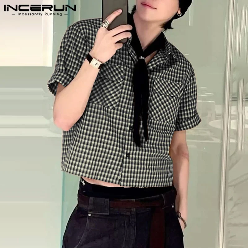 INCERUN Men Plaid Shirt Lapel Short Sleeve Pockets Korean Style Men Clothing Summer Loose 2025 Streetwear Causal Male Crop Tops