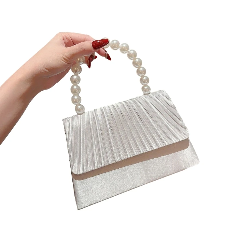 

Crossbody Shoulder Bag Clutch Women Evening Bag Party Banquet Cocktail Lady Purse Pearl Handle Handbag Pleated Flap Bag