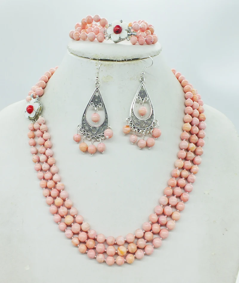 free delivery,! Classic natural pink coral necklace. Bracelet. Stud Earrings, African Bridal Wedding Set