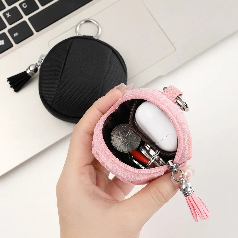 

Multifunctional Canvas Mini Coin Bag Round with Zipper Small Pocket Bag Solid Color Coin Purse