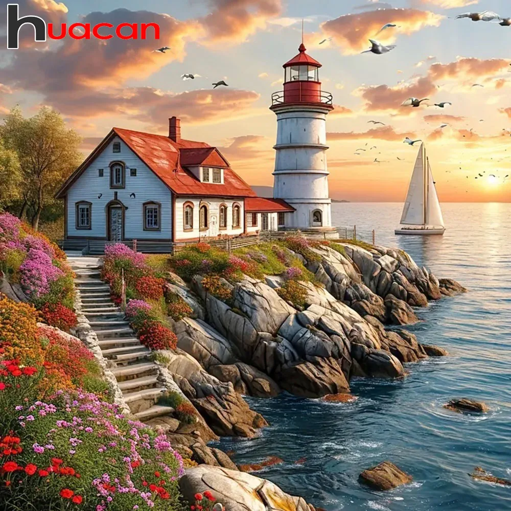 Huacan Leuchtturm Meer Diamant Malerei Landschaft handgemalte Stickerei Kunst für Home Decor Geschenk