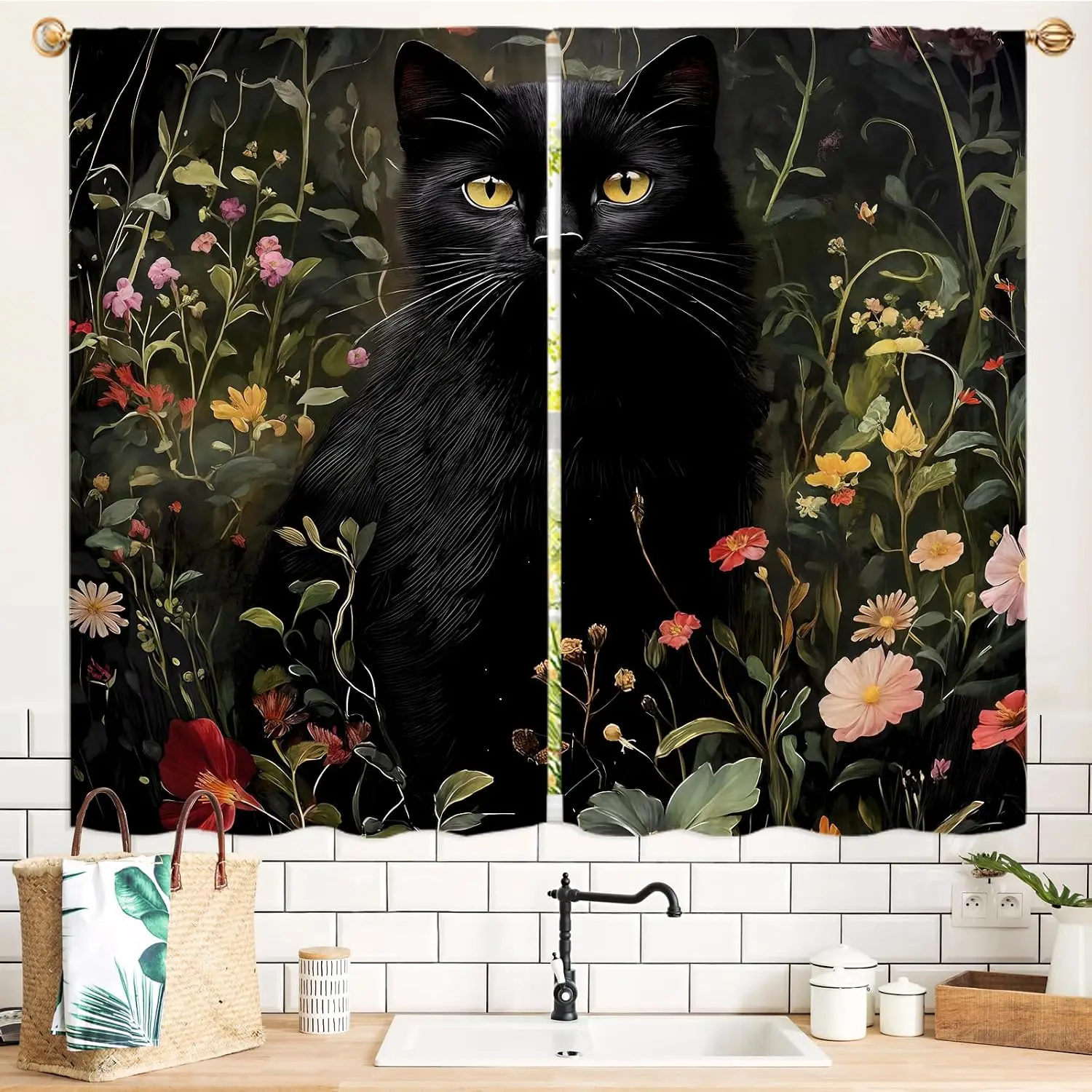 Vintage Dark Floral Cat Window Curtains, Black Cat Bright Yellow Eyes Colorful Wildflower Dark Tone Art Print Drapes for Kitchen