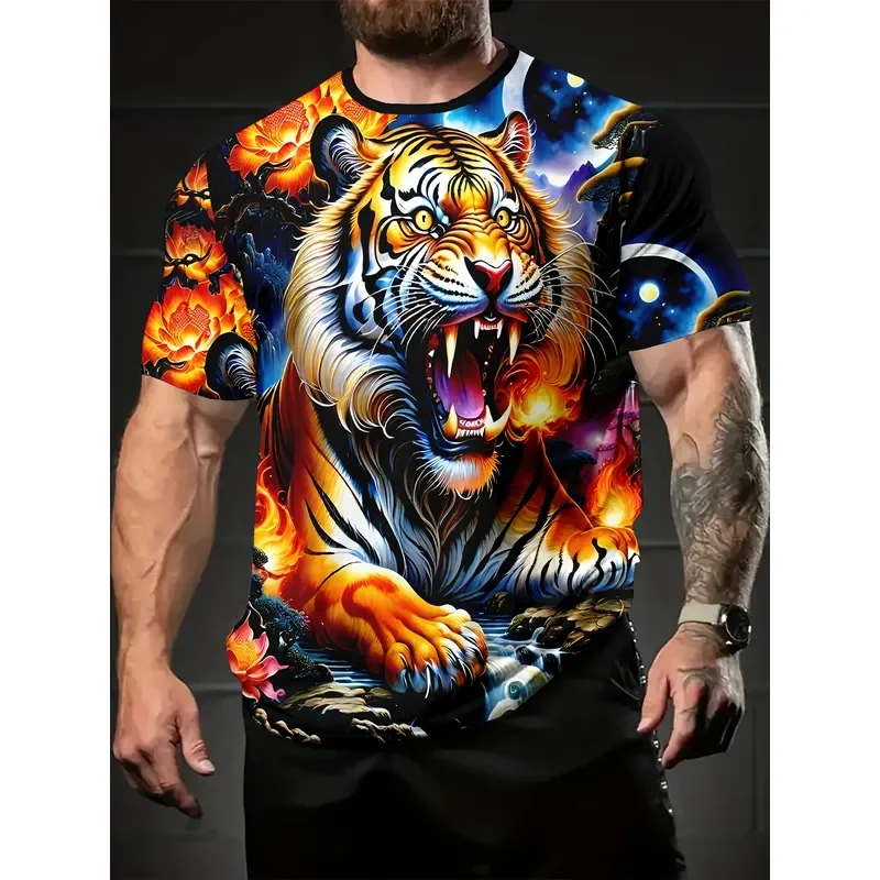 Pearson Selection Tiger Flower Print T Shirt Men Short Sleeve Crew Neck Casual Summer Top 2026 Versatile Outdoor Tee