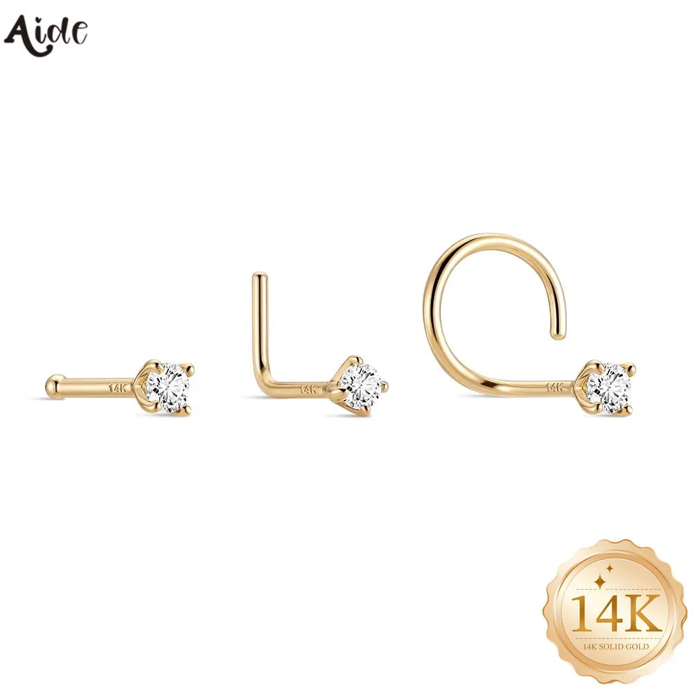 Aide 14K Solid Gold 3Style Zircon Nose Stud Nostril Piercing Minimal Luxury Personalized Birthday Anniversary Gift for Men Women