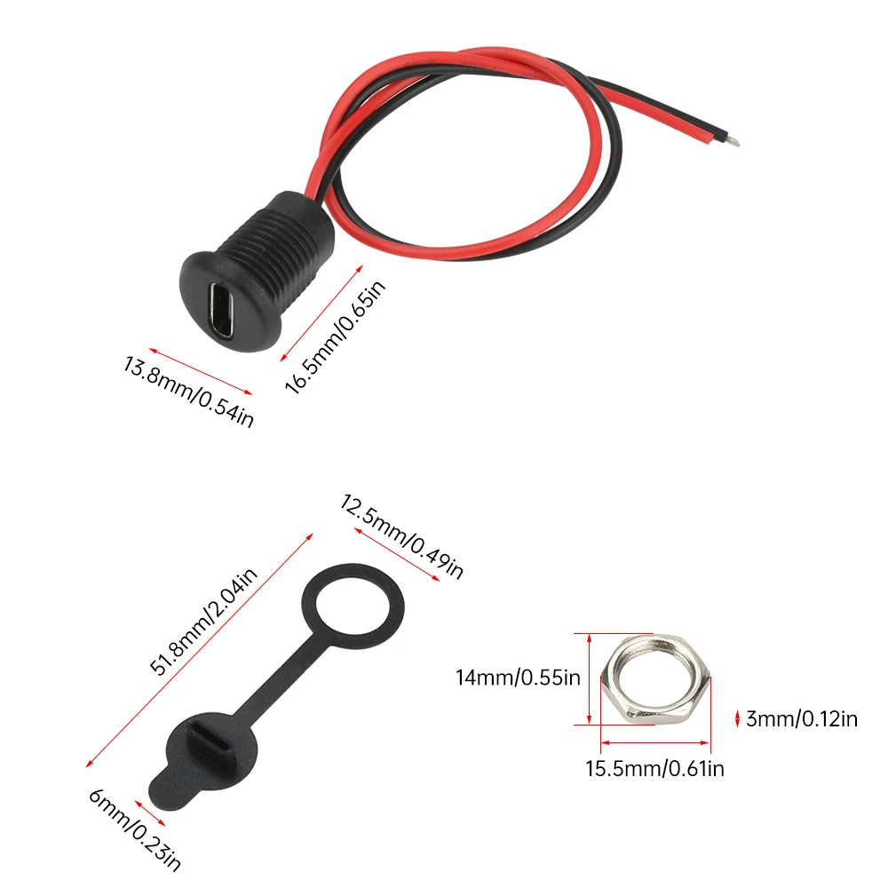 2 Pin USB Type C IPX5 Waterproof Female Chassis Connector Locking Outer Threads Without Terminals White Black Transparent