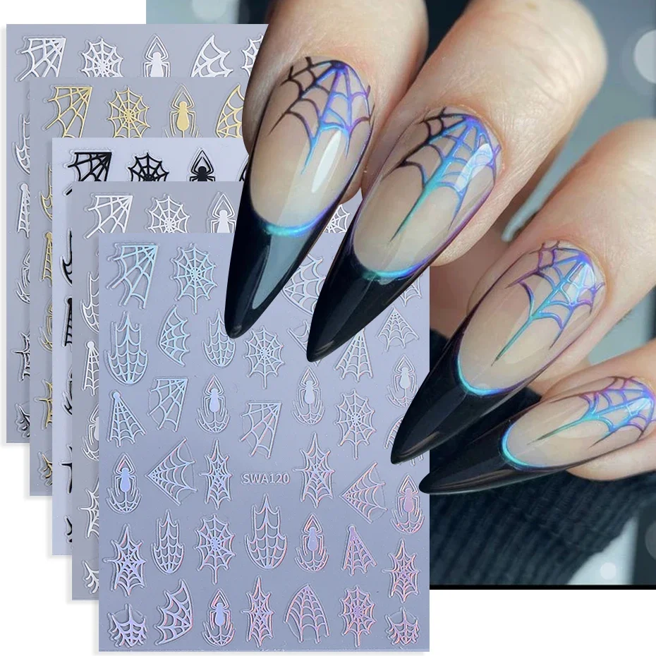 

5pcs Halloween Spider Web Nail Art Sticker Holographic Black Gold Silver Spider Self-Adhesive Nail Decal DIY Manicure Decoration