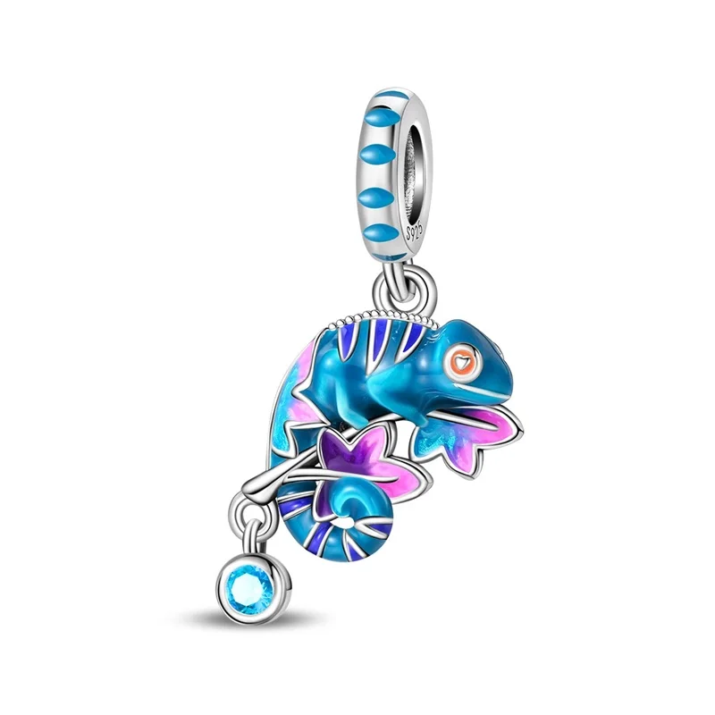 

New 925 Sterling Silver Cute Chameleon CZ Zircon Charms Pendant Fit 3mm Original Bracelet DIY Women Exquisite Party Jewelry Gift