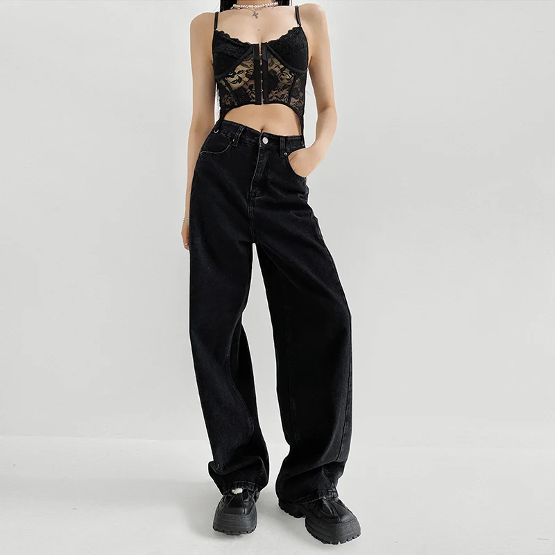 Lente 2025, damesjeans met wijde pijpen, vloerlengte, Amerikaans retro splitontwerp, casual, faionable bootcut denimbroek