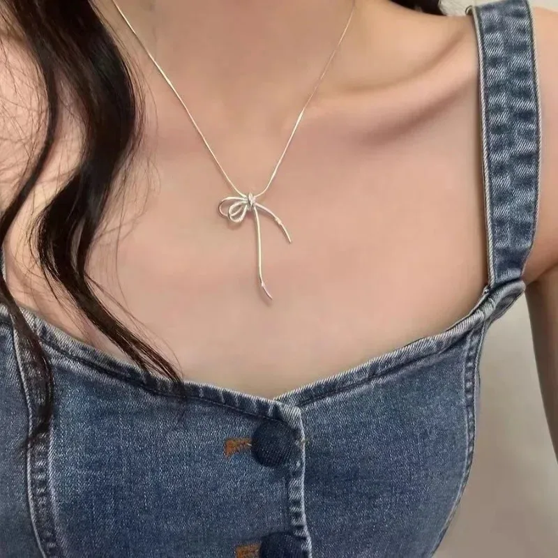 Fashion New Clavicle Chain Elegant Scrub Bow Pendant Necklace for Women Girls Temperament Collar Chain Korean Student Jewelry