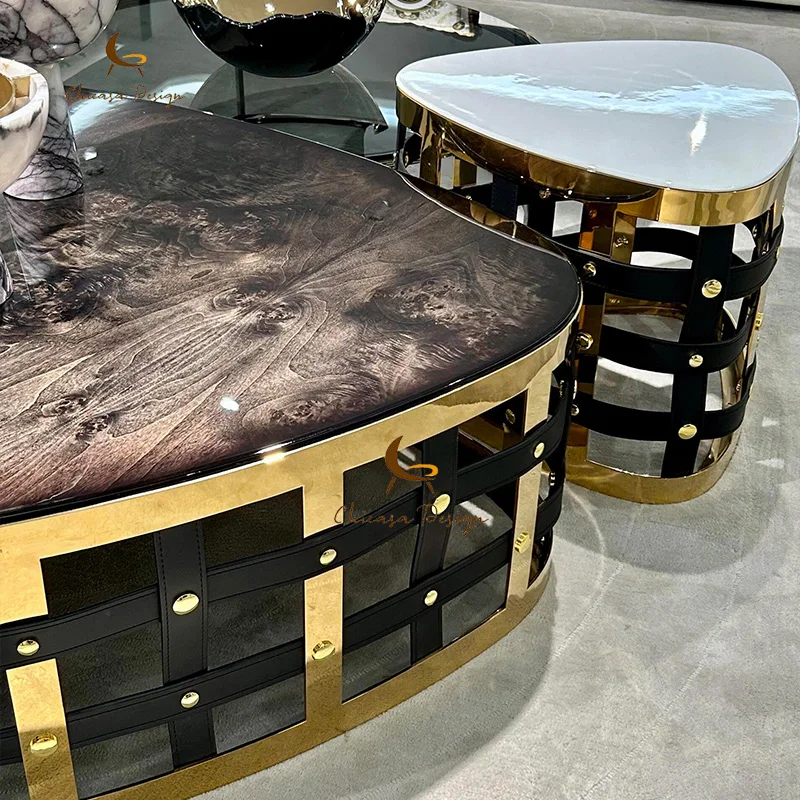 Luxury Stainless Steel Gold Frame Round Coffee Table Modern Marble Top Coffee Table