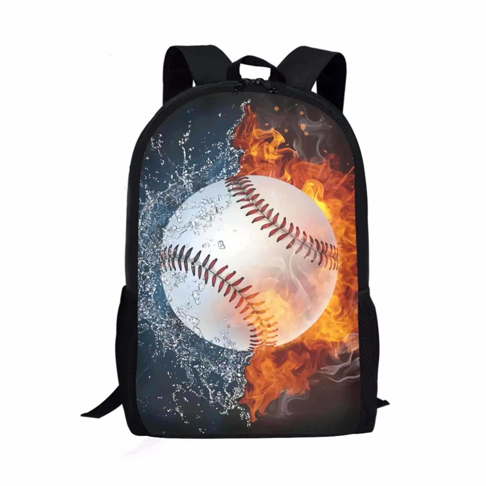 Baseball Book Bags Black Backpack for Man Kid Girl Woman 16 Inch Combustion Pattern Cool School Bags Casual Teenager Book Bag