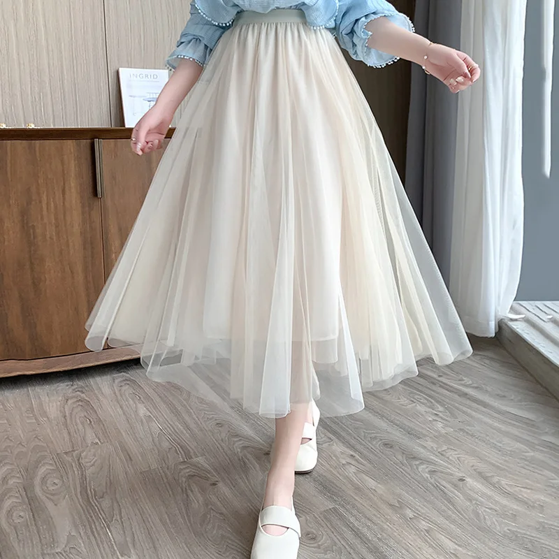 Solid Color High Waist Mesh Skirt Women 2025 Elegant Pleated Tutu Long Skirts Woman Elastic Waisted A Line Princess Skirts Mujer