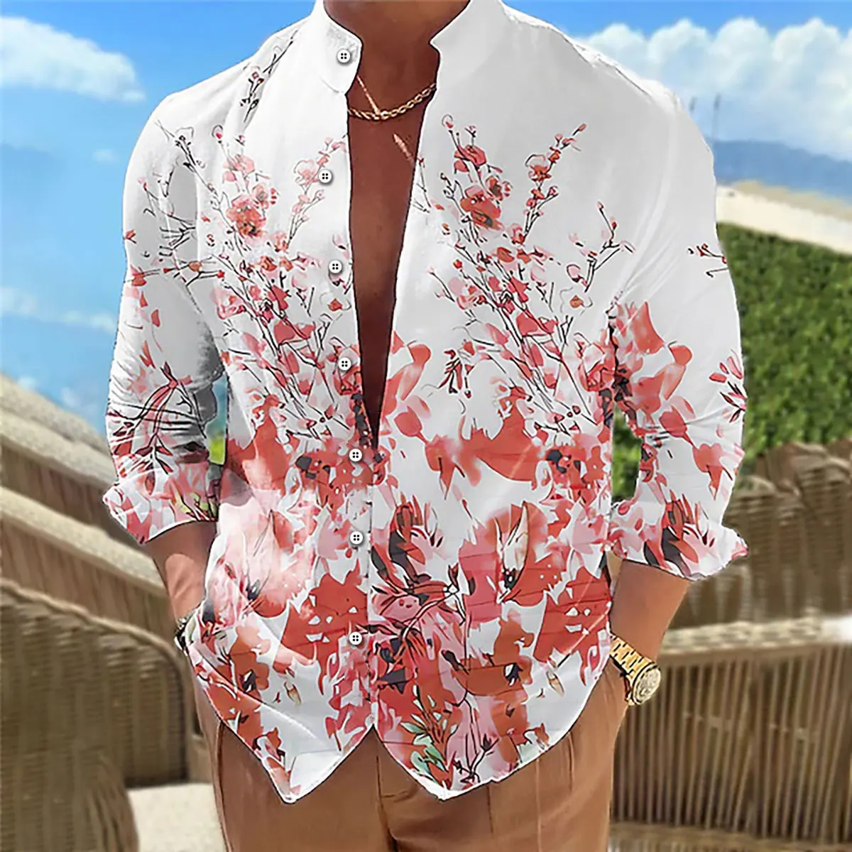 New Men's Shirt Multicolor Floral Pattern 3D Printing Stand Collar Long Sleeve Daily Casual XS-6XL Fast Shipping