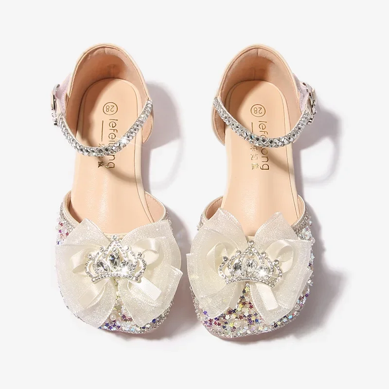 Girls Party Shoes Elegant Sweet Children Sequins Single Shoes Fashion Rhinestone Bowknot Kids Wedding Dress Flat Sandals Causal