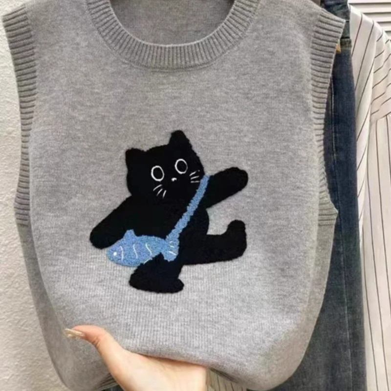 AOSSVIAO 2026 Women Knitted Tank Top Summer Fall Cartoon Sweater Short O Neck Sleeveless Solid Spring Sweaters Pullovers